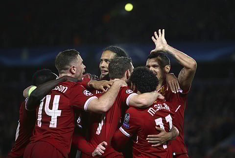 Liverpool players during the Champions League semifinal match against AS Roma at Anfield Stadium. (Photo | AP)