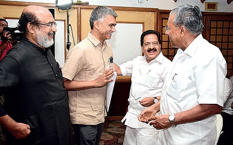 A file image of Kerala CM Pinarayi Vijayan, Karnataka Agriculture Minister Krishna Byre Gowda, Finance Minister T M Thomas Isaac and Opposition Leader Ramesh Chennithala during the inauguration of southern states’ Finance Ministers’ conclave held in Thiru