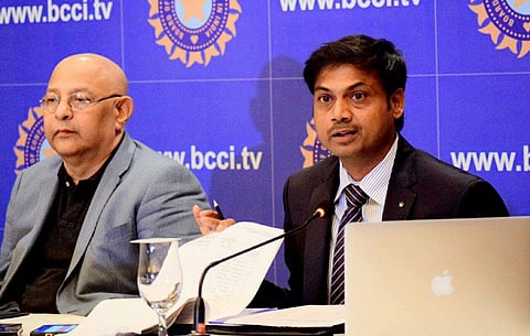 Chief Selector MSK Prasad and senior BCCI official Amitabh Choudahary addressing the media in Bengaluru. | Express Photo Services