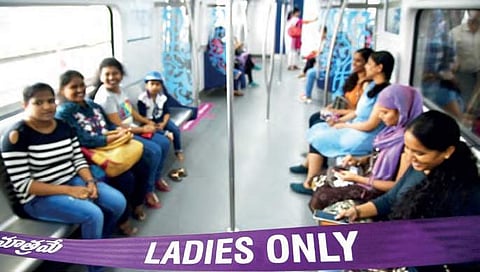 Women travelling in a separate women only coach after it was inaugurated at Ameerpet Metro Station, in Hyderabad on Monday | R SATISH BABU