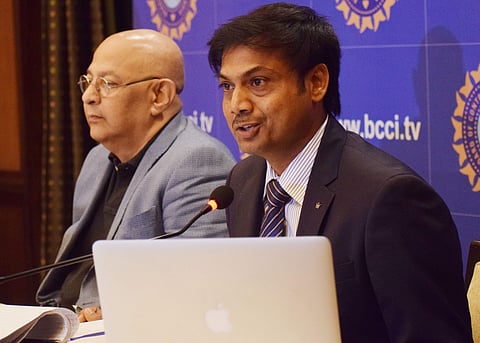 BCCI selection committee chairman MSK Prasad (R) with acting secretary Amitabh Choudhary announcing squads in Bengaluru. (EPS)
