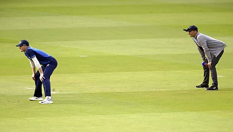 Former England captain Nasser Hussain doing commentary on field during play during the special fundraising T20 International cricket match between the West Indies and the Rest of the World, at Lord's in London. | AP