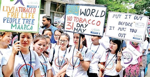 Students participate in a rally organised on World No Tobacco Day at Anand Rao Circle in Bengaluru, on Thursday | Pushkar V