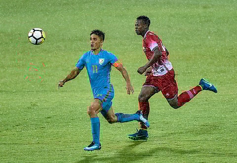 Indian player Sunil Chhetri for the ball during the Hero Intercontinental football Cup in Mumbai. | PTI
