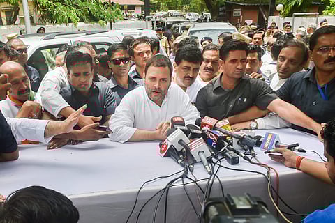 Congress President Rahul Gandhi addresses the media personnel outside a court at Bhiwandi in Thane on Tuesday June 12 2018. | PTI