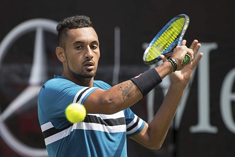 Nick Kyrgios returns the ball to Maximilian Marterer during their match at the ATP Mercedes Cup tournament in Stuttgart. | AP