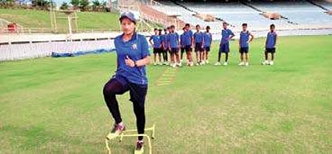 Saranya R S training cricketers at the National Cricket Academy camp
