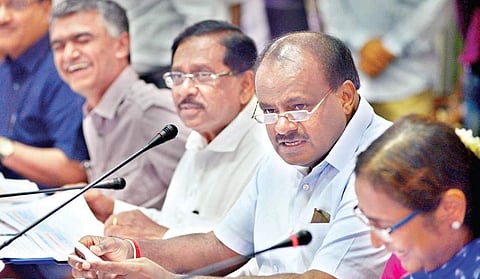 Chief Minister H D Kumaraswamy chairing a meeting in Bengaluru on Thursday. Deputy CM G Parameshwara, Minister Krishna Byre Gowda and Chief Secretary Ratna Prabha look on | Pushkar V