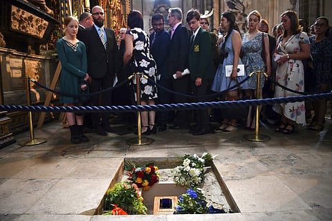 0 1 2 3 4 5 6 The ashes of Professor Stephen Hawking are laid to rest during his memorial service at Westminster Abbey in London, Friday June 15, 2018. | AP