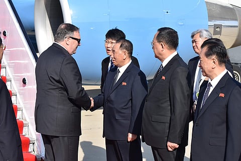 U.S. Secretary of State Mike Pompeo is greeted by senior North Korean official Kim Yong Chol, director of the United Front Department, which is responsible for North-South Korea affairs (left), and Foreign Minister Ri Su Yong, on his arrival in Pyongyang,