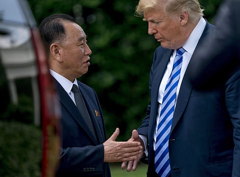President Donald Trump shakes hands with Kim Yong Chol, former North Korean military intelligence chief and one of leader Kim Jong Un's closest aides, as after their meeting in the Oval Office of the White House in Washington, Friday, June 1, 2018. (AP Ph