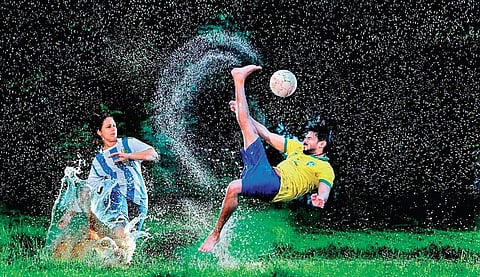 Monisha, dressed in Argentina’s jersey and Aneesh, in Brazil’s jersey during the post-wedding photoshoot