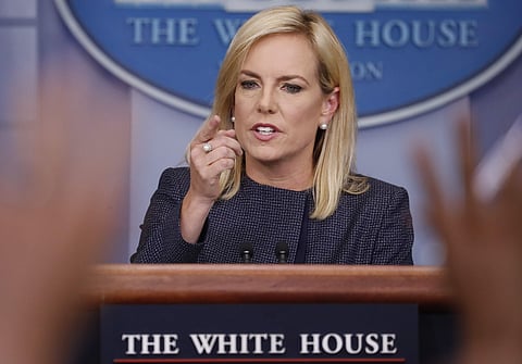 In this June 18, 2018 photo, Homeland Security Secretary Kirstjen Nielsen speak to the media during the daily briefing in the Brady Press Briefing Room of the White House. (AP)