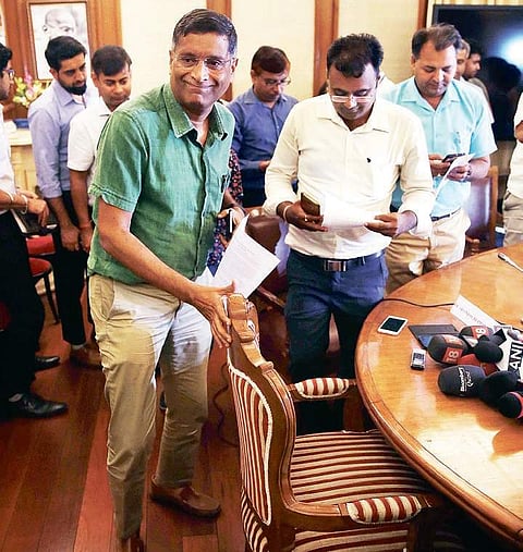 Chief Economic Advisor Arvind Subramanian after addressing a Press conference in New Delhi on Wednesday. | (Shekhar Yadav | EPS)