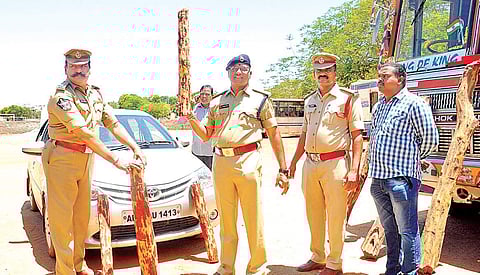 OSD Crimes TP Vitaleswar showing red logs seized in task force raids, in Nellore | Express