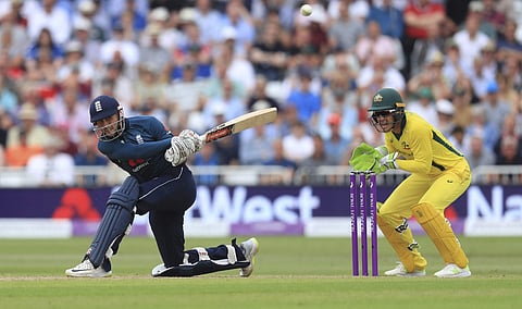 England's Alex Hales hits a boundary during the One Day International (ODI) match at Trent Bridge in Nottingham, England, Tuesday June 19, 2018. | AP