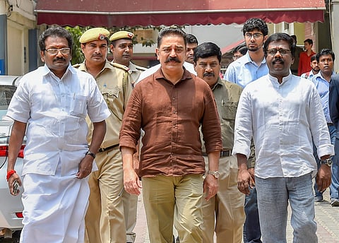Makkal Needhi Maiam President Kamal Haasan with senior party members come out after a meeting with Election Commissioner at Nirvachan Sadan in New Delhi on Wednesday June 20 2018. | PTI