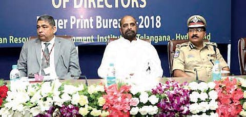NCRB director Ish Kumar, Home Affairs MoS Gangaram Ahir, and DGP M Mahender Reddy at the All India Conference of Directors of Finger Print Bureau | EXPRESS