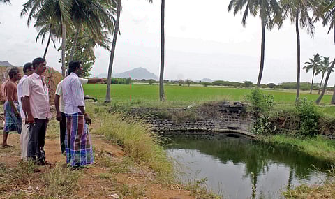 Villagers at Alathur in Tiruvannamalai district looking at a water body that would be lost to the Green Corridor project. (EPS | S Dinesh)