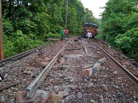 A goods train derailed on Kirandul-Visakhapatnam route in Chhattisgarh's Dantewada. (EPS)