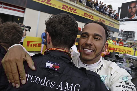Mercedes driver Lewis Hamilton of Britain celebrates after winning the French Formula One Grand Prix at the Paul Ricard racetrack, in Le Castellet, southern France. | AP