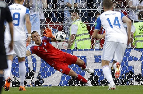 Iceland goalkeeper Hannes Halldorsson saves a penalty by Argentina's Lionel Messi during the group D match between Argentina and Iceland at the 2018 FIFA World Cup in Russia. (File photo | AP)