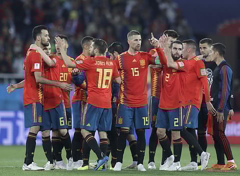 Spain players celebrate after the group B match between Spain and Morocco at the 2018 soccer World Cup at the Kaliningrad Stadium in Kaliningrad. | AP