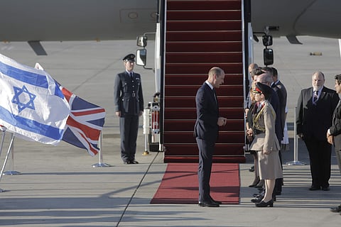 Britain's Prince William arrives on a Royal Air Force plane at the Ben Gurion airport in Tel Aviv, Israel, Monday, June 25, 2018. | Associated Press
