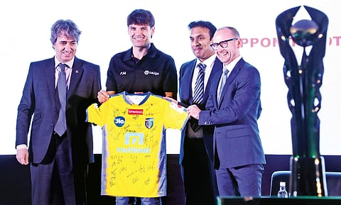 Spain and Real Madrid legend Fernando Morientes being presented with a Kerala Blasters FC home kit by its CEO Varun Tripuraneni during the unveiling of the LaLiga World pre-season football tournament to be contested between Blasters, LaLiga side Girona FC