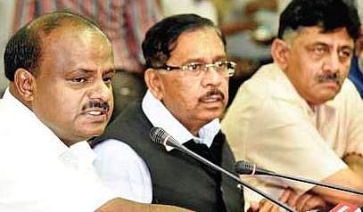 Karnataka Chief Minister H D Kumaraswamy, Deputy Chief Minister G Parameshwara and Water Resources Minister D K Shivakumar (File | EPS)