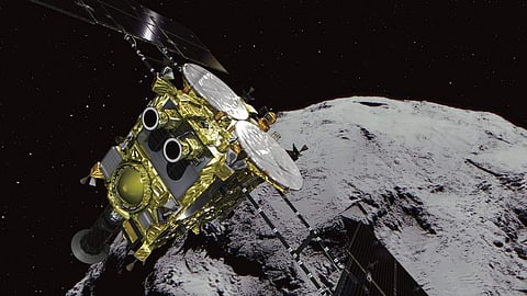 This computer graphics image provided by the Japan Aerospace Exploration Agency (JAXA) shows an asteroid and asteroid explorer Hayabusa2. ( Photo | AP)