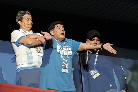 Argentina former soccer star Diego Maradona waves to the fans ahead of the group D match between Argentina and Nigeria, at the 2018 soccer World Cup in the St. Petersburg Stadium in St. Petersburg, Russia, Tuesday, June 26, 2018. | AP