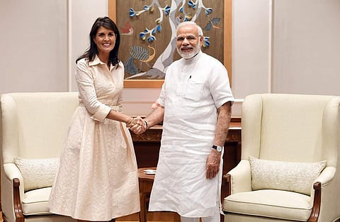 US ambassador to the UN Nikki Haley with PM Narendra Modi. (Photo: Twitter/@PIB_India)