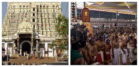 Padmanabha temple (L) and Guruvayur temple (R). (File Photos | PTI and ENS)