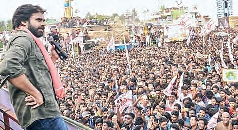 Jana Sena chief Pawan Kalyan addresses a public meeting in Srikakulam district . (Photo| File: EPS)