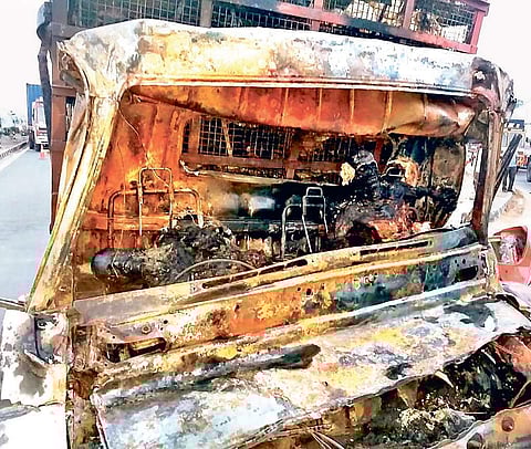 Remains of the truck after the accident near Thandalam | Express