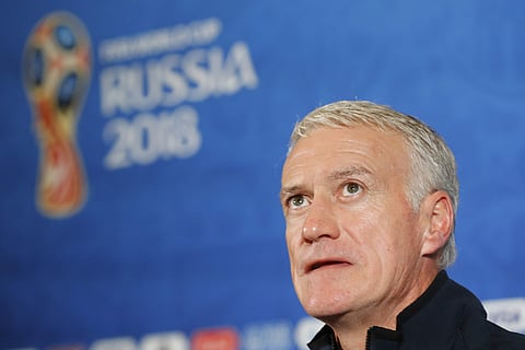 France headcoach Didier Deschamps looks on during the official press conference at the eve of the round of 16 against Argentina at the 2018 soccer World Cup in Kazan. | AP