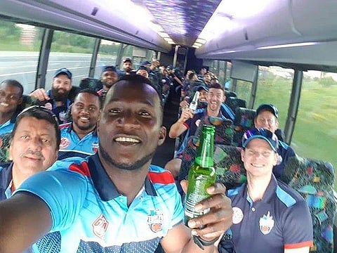 Toronto Nationals skipper Darren Sammy, front centre, with Steve Smith, front right and the team after their win in Global T20 Canada match. (Twitter | Darren Sammy)