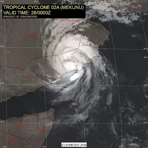 This satellite image provided by the U.S. Navy's Joint Typhoon Warning Center shows Cyclone Mekunu in the Arabian Sea as it hits Oman on May 26, 2018. (AP)