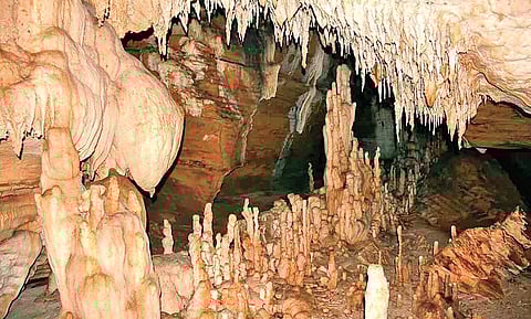 Panoramic stalactite and stalagmite formations are seen inside the Kotumsar cave in Bastar | MANISH GUPTA
