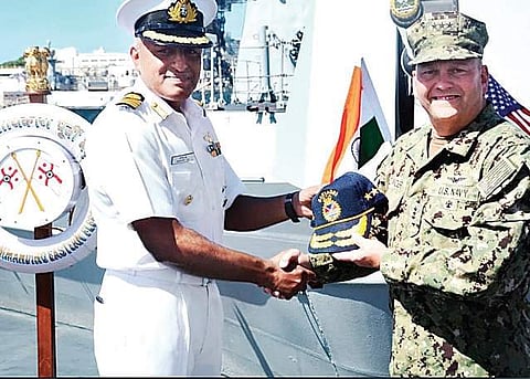 Vice Admiral John D Alexander, Commander, US 3rd Fleet, with INS Sahyadri Captain Shantanu Jha