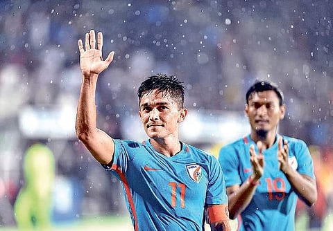 India skipper Sunil Chhetri acknowledges the fans after the victory on Monday | PTI