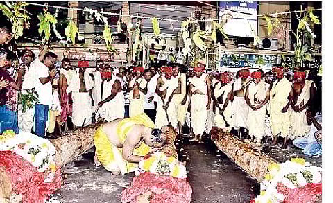 Image used for representational purpose only. Priests perform rituals on timber logs to be used in construction of chariots for Rath Yatra in Puri (File Photo | Express Photo Service)