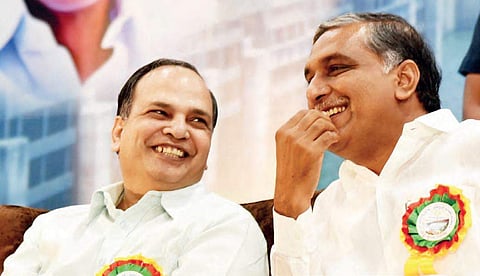 Chief Secretary SK Joshi and Irrigation Minister Harish Rao at a state-level conference on the progress of irrigation department and effective water management in Telangana, held in Hyderabad on Thursday | R Satish Babu