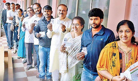 Union Minister Ananth Kumar and his wife Tejaswini Ananth Kumar cast their votes at the VV Puram voting centre, in Bengaluru on Friday | Pushkar V