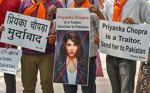 Activists of Hindu Sena shout slogans against Bollywood actress Priyanka Chopra during a protest at Jantar Mantar in New Delhi Saturday June 09 2018. | PTI