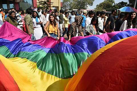 Parade-goers marched on the street with rainbow flags and placards, with messages in support of the LGBTQ community. (Photo| R Satish Babu/EPS)