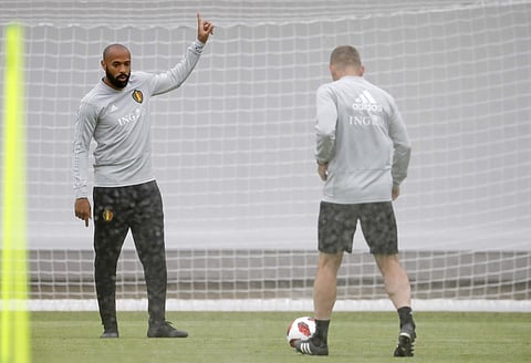 Belgium assistant coach Thierry Henry, left, gestures during a training session on the eve of the semifinal against France at the 2018 FIFA World Cup in Moscow. (Photo | AP)