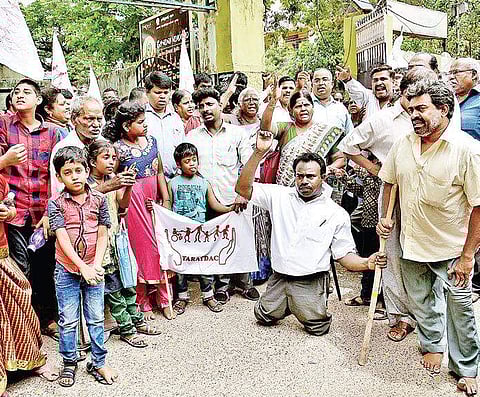 A group of differently-abled persons protesting against corruption involved in the selection process of sportspersons for Paraolympics, in city | P Jawahar