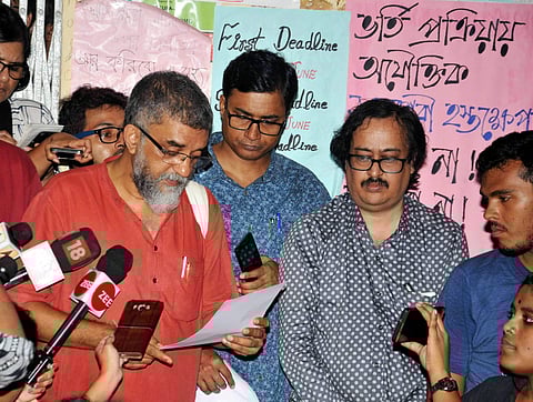 Jadavpur University officials read the new admissions procedures to the arts department after an executive council meeting. | PTI